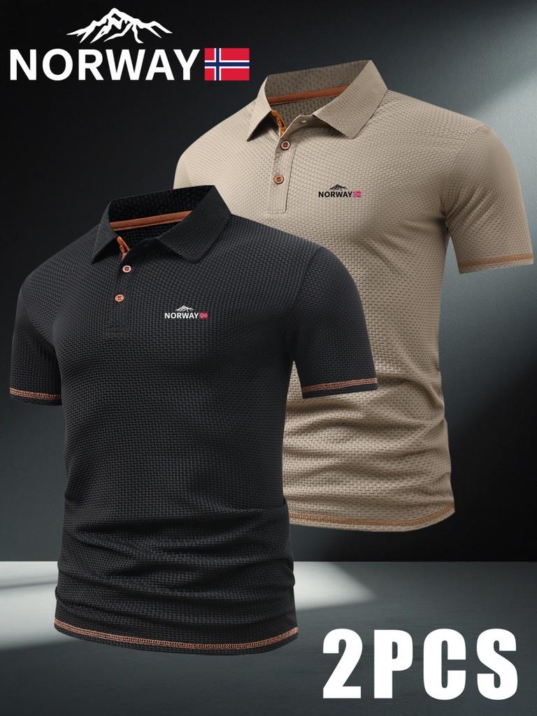 2pcs NORWAY Patterned Men's Polo Shirts - Short-Sleeved & Color-Blocking, Men's Business Casual T Shirts Breathable for Spring And Summer