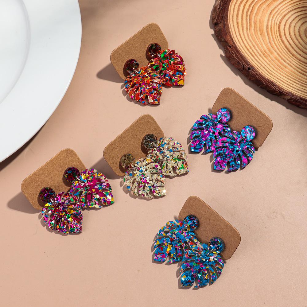 Sequins Acrylic Colorful Monstera Leaf Drop Earrings for Women Exaggerated Tropical Leaves Plant Earrings Fashion Jewelry Gifts