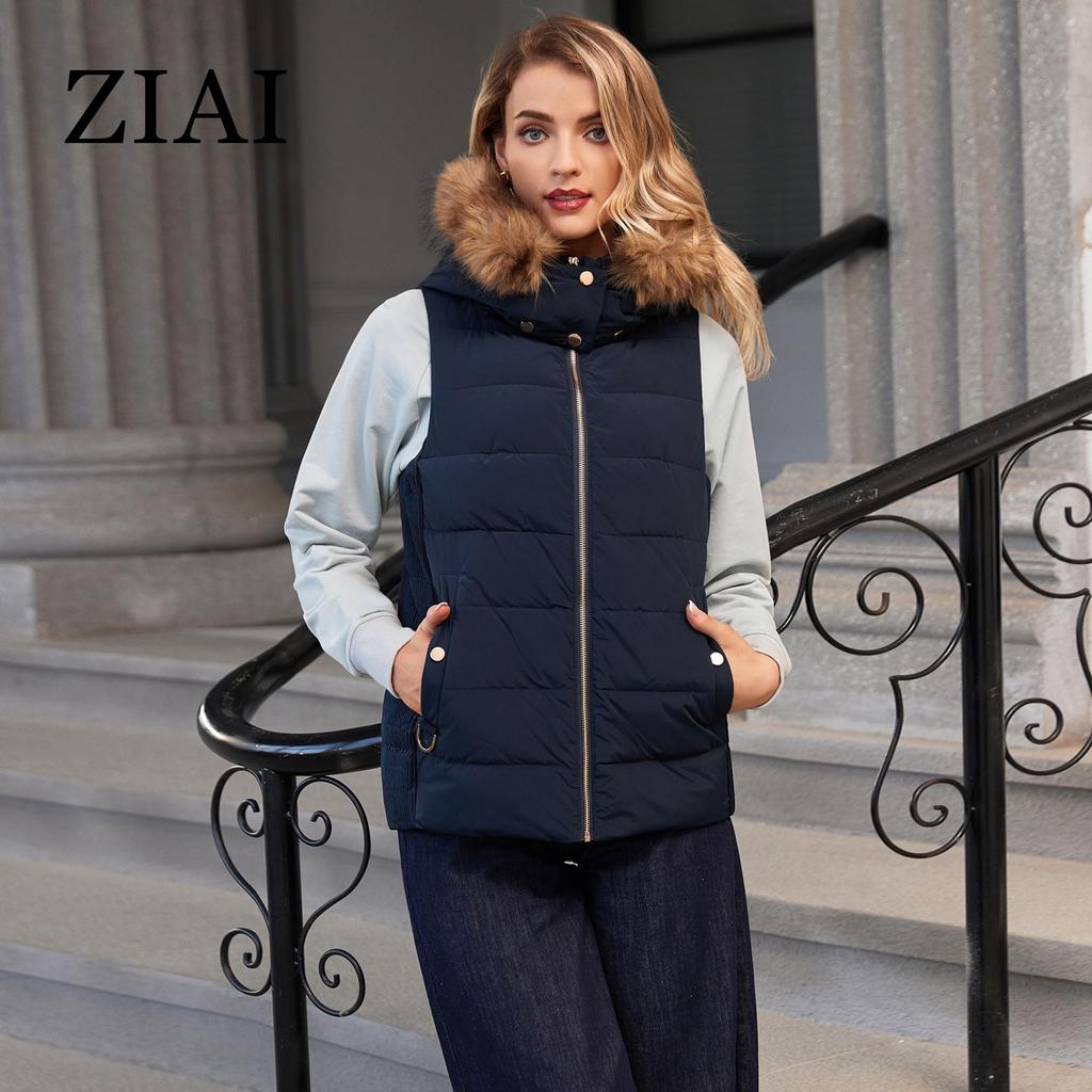 ziai New Women Down Vests Sleeveless Fur Collar Hood Puffer Jacket Girl Windproof Quilted Parka Coat Slim Female Outerwear ZR-L006