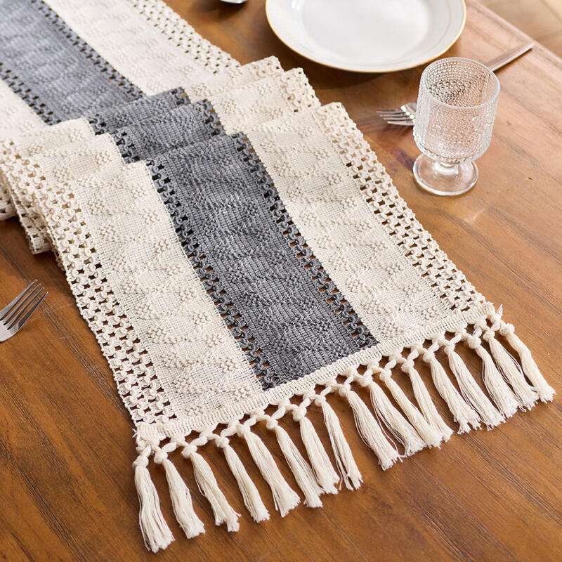 Scandinavian Style Linen Table Runner - Color Block Fringe Decor for Coffee Tables & TV Consoles