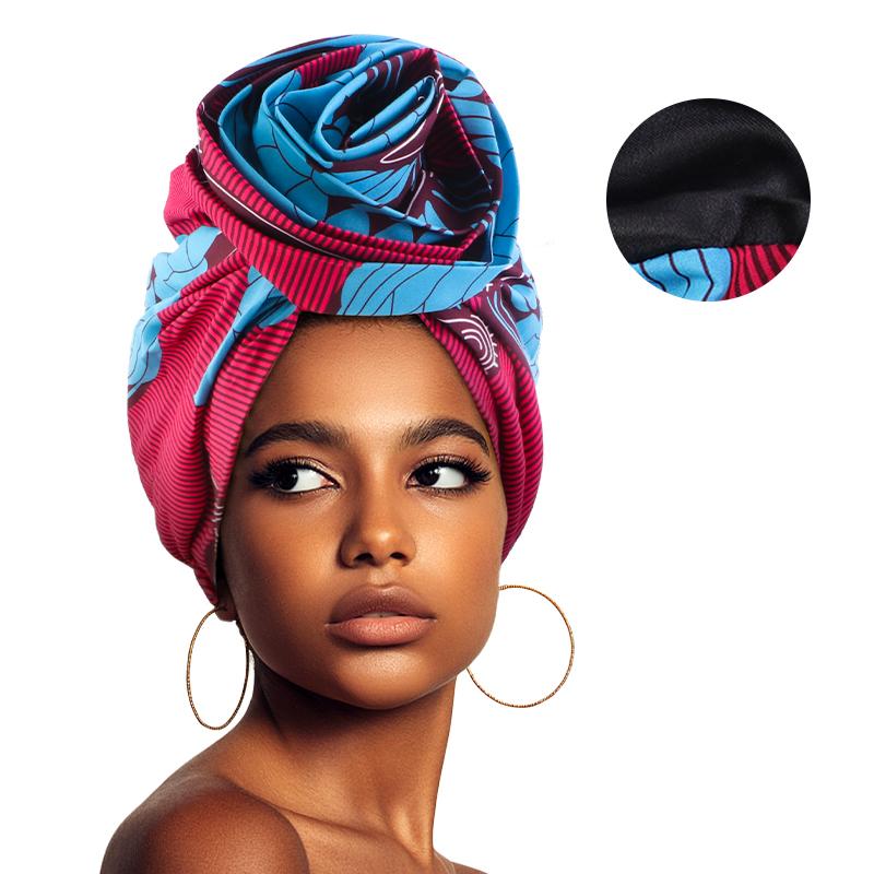 Afrikanischer Turban für Damen, gefüttert mit Satin, große Blumenmütze, Kopftuch mit Blumenmuster, muslimisches Kopftuch, Damenmütze