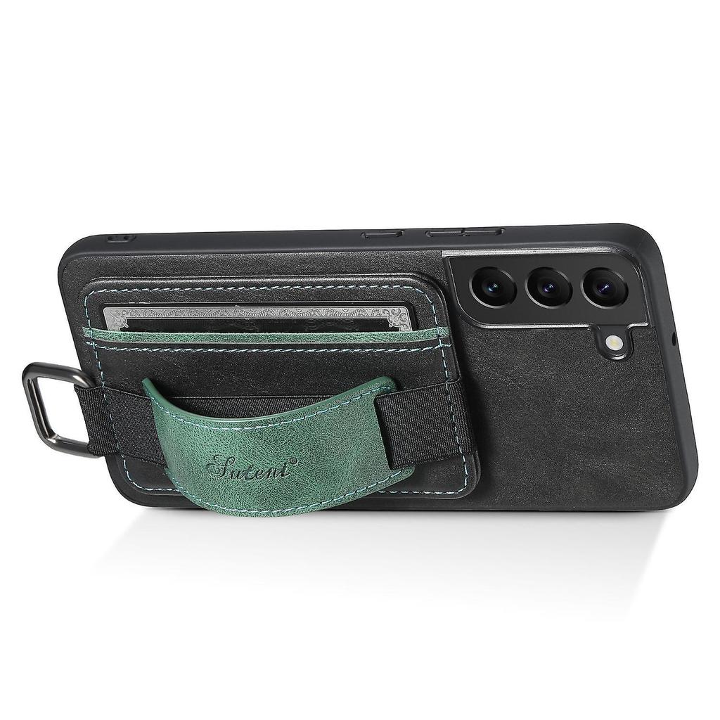 SUTENI H13 For Samsung Galaxy S22 5G Card Holder Leather Coated Case with Hand Strap Phone Cover