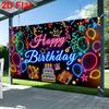 2D Black Neon Birthday Backdrop "Happy Birthday" with Glowing Party Icons for Night Party Decoration