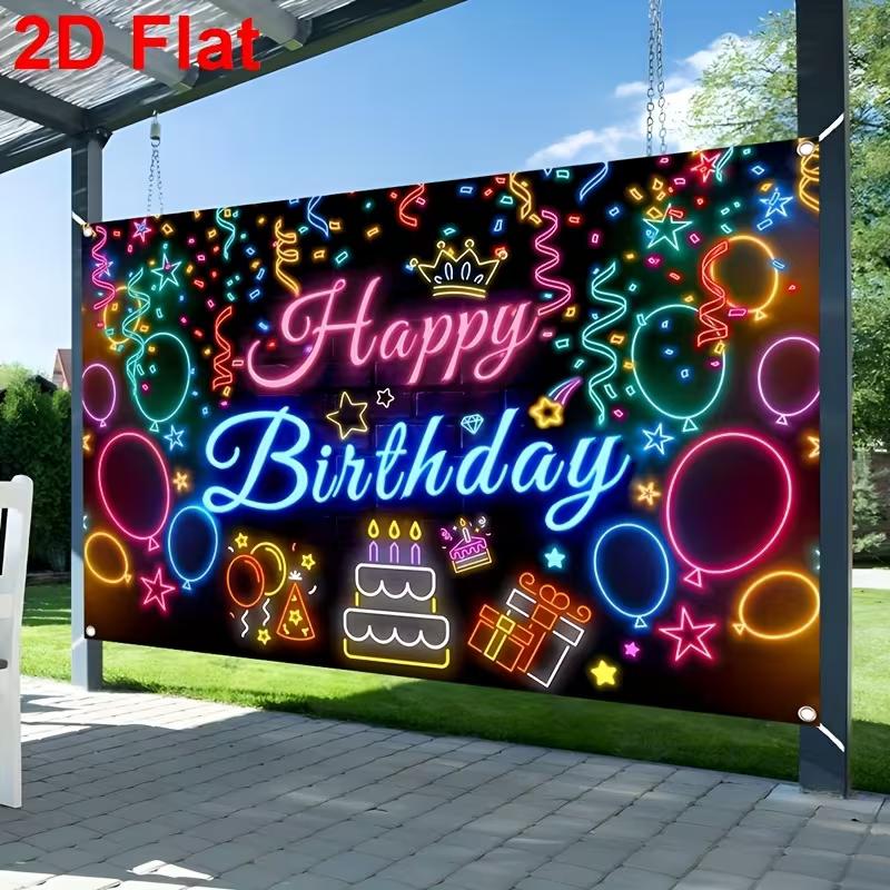 2D Black Neon Birthday Backdrop "Happy Birthday" with Glowing Party Icons for Night Party Decoration