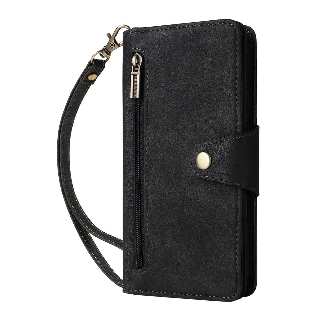 For iPhone 17 Case Zipper Wallet Rivet Decor Leather Phone Cover with Wrist Strap