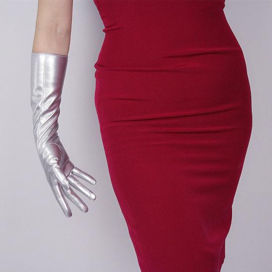 Cosplay Party Stage Performance Women Full Finger Shine Faux Leather Long Gloves