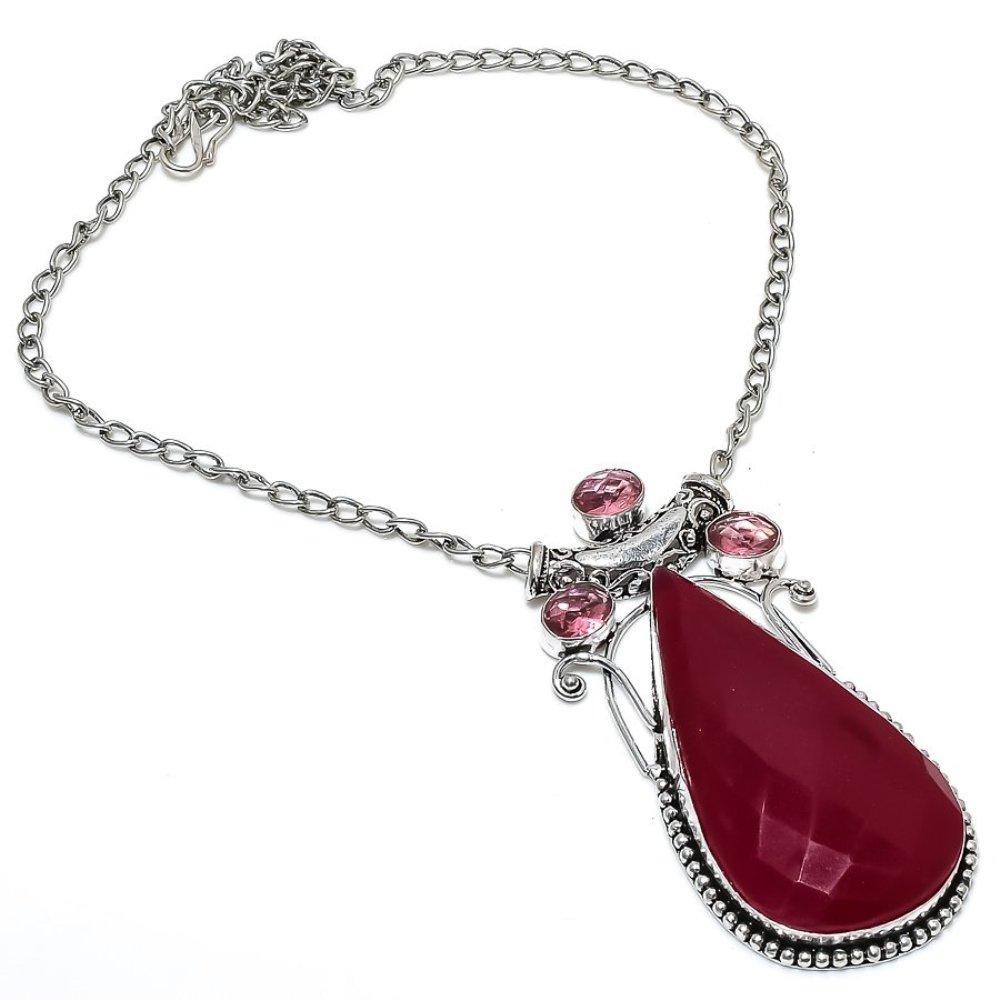 Ruby(Simulated) Kunzite Gemstone 925 Sterling Silver Jewelry Necklace 18" b5V20
