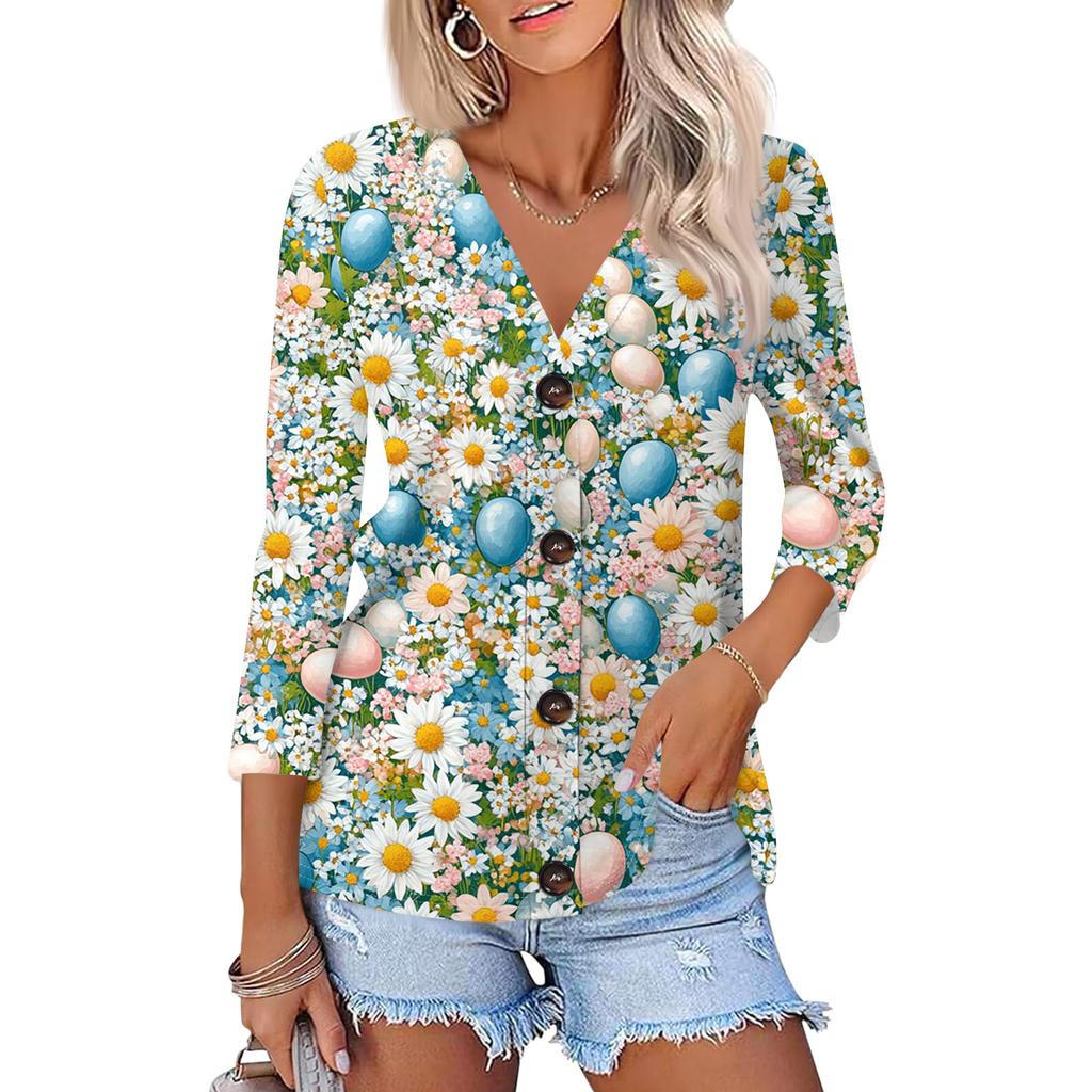 Women's Fashion Casual Print Button-down Shirt 3/4  Sleeve Tops