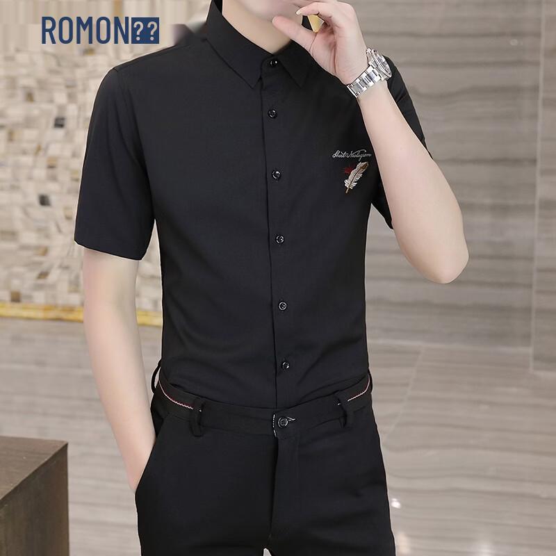 Romon Men s Feather Embroidered Short-Sleeve Casual Shirt 3XL