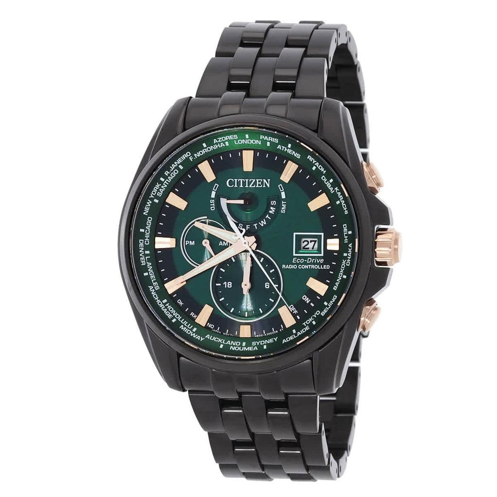 Citizen Perpetual Alarm World Time GMT Green Dial Watch Bracelet Eco-Drive Men's AT9128-87X,