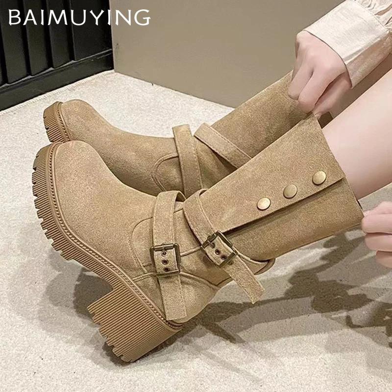 Wildleder Klobige Damen High Boots Designer Schnalle Mittelhohe Absätze Schuhe 2025 Trend Winter Pumps Goth Mid Calf Motorrad Botas De Mujer