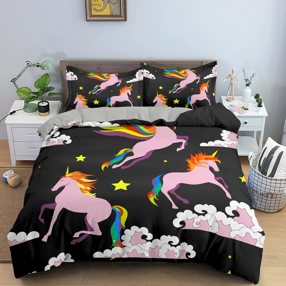 Unicorn Duvet Cover King Queen Cartoon Animal Bedding Set Kids Teens Adults Lovely White Magical Creatures Polyester Quilt Cover