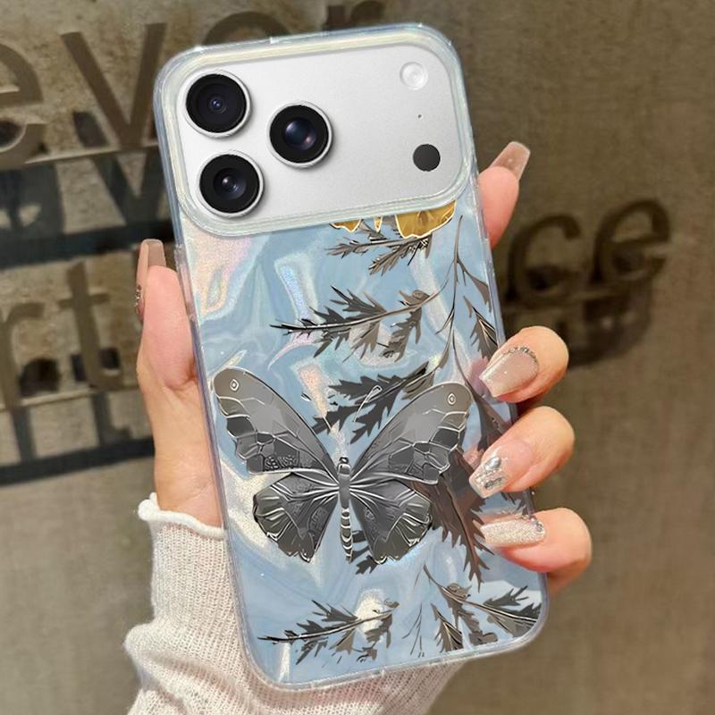 Šedý Vzor Motýlů Pouzdro na Telefon Pro iPhone 17 Air 16e 16 15 14 Pro Max 13 17 Pro Max Nárazuvzdorný TPU Hybridní Tvrdý PC Kryt na Telefon