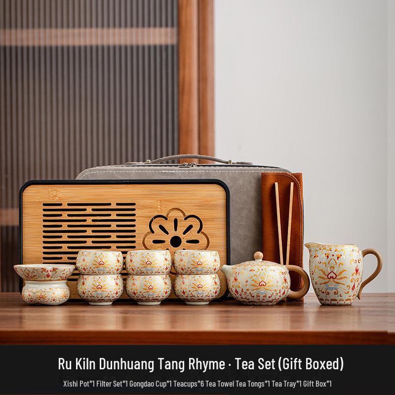 9-Piece Dunhuang Ru Kiln Ceramic Travel Tea Set