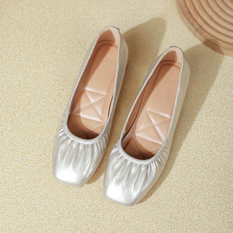 French retro soft leather pleated light mouth low heel single shoes square head temperament thick heel grandma shoes 35