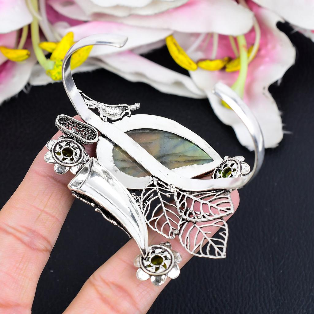 Labradorite, Peridot Gemstone 925 Sterling Silver Cuff Bangle Adjustable KG-1884