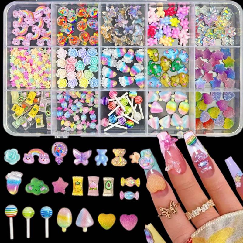 

15-Grid Childlike Nail Art Box: Cartoon Popsicle & Lollipop Candy Designs for Summer