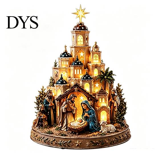 Warm Light Church Decor Bethlehem Nativity Tower, Lighted Christmas Village Scene with Star Glowing Ornament Tower & Figurine, Christian Religious