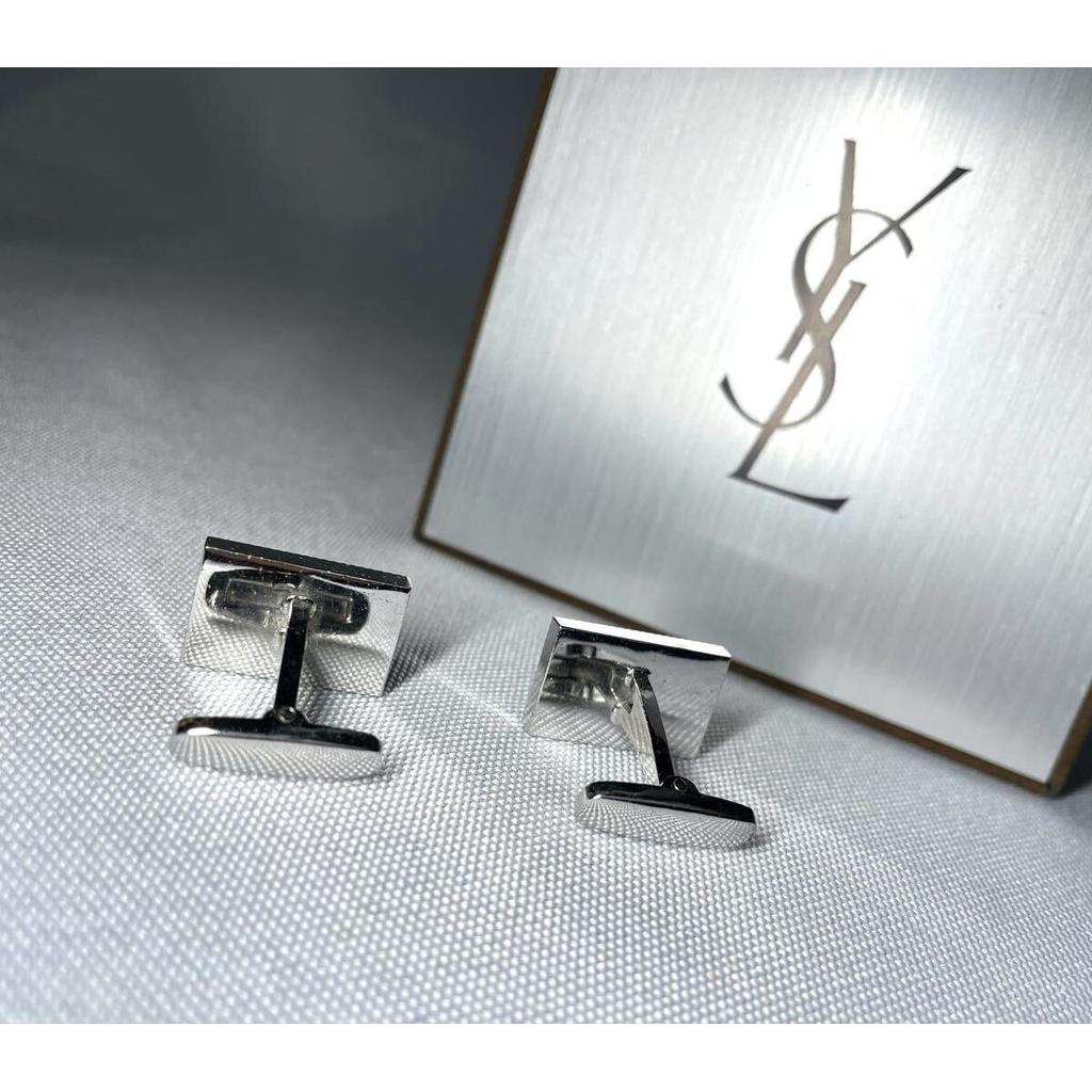 Used YVES SAINT LAURENT YSL Silver & Gold & Black Square Vintage Cufflinks Cufflinks Button with Case