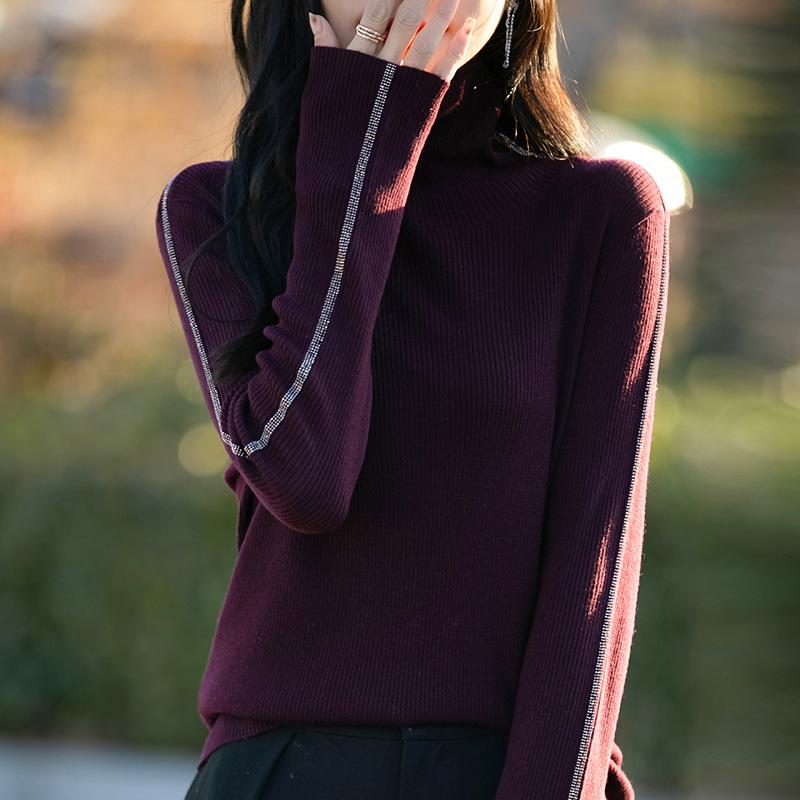 

A New Spring High-neck Knitted Sweater with Diamond-encrusted Long-sleeved Design and A Pullover Base Layer XXL темно-фіолетовий колір