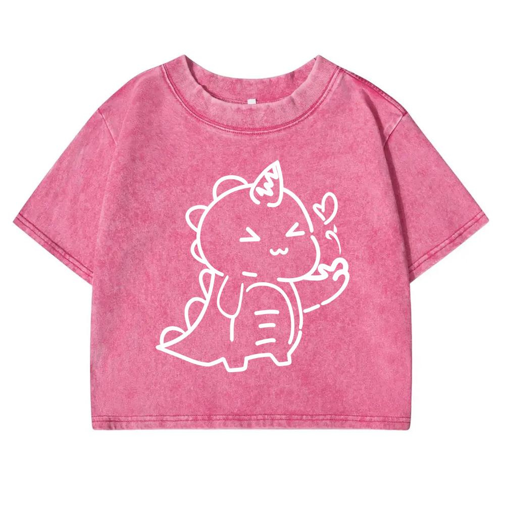 Love Dinosaur Print Retro Tee Shirt Women Casual Washed T Shirts Cotton Street Crop Tees Short Sleeve For Female