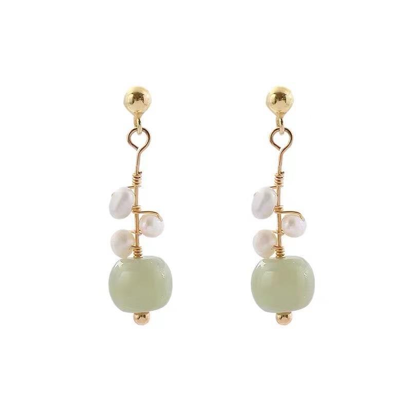 925 Silver Hetian Jade and Freshwater Pearl Wrap Stud Earrings - Simple, Trendy Women's Jewelry