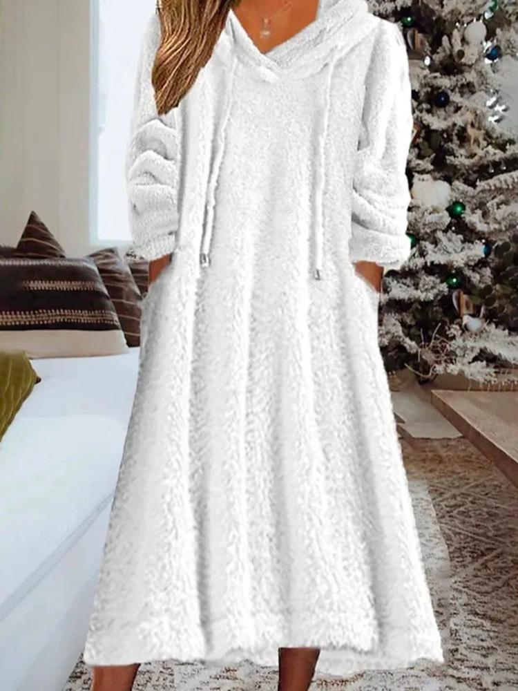 Women's Long Sleeve Round Neck Casual Loose Warm Hooded Fleece Sweater Midi Dress