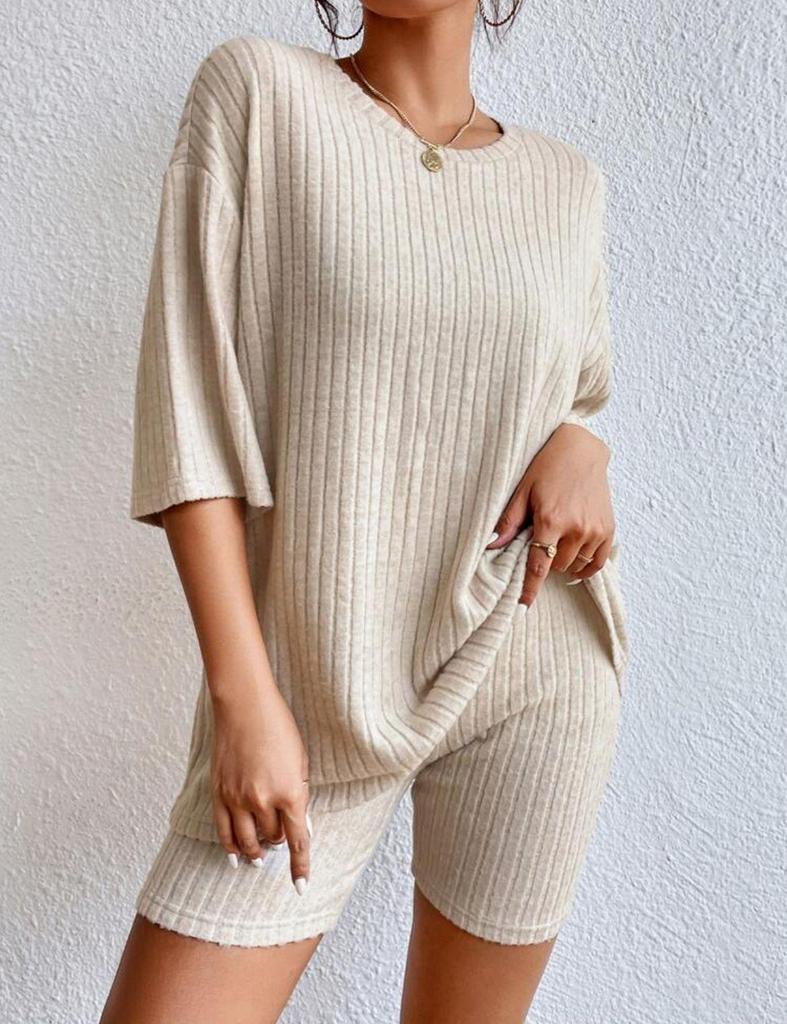 Conjunto de Top de Verão de Malha da Moda Solto Casual Gola Redonda Shorts Roupa Feminina Confortável Respirável Cor Sólida