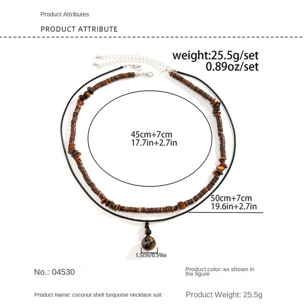 Vintage Wood Pearl Turquoise Necklace Wood Beads Geometric Gravel Chain  Women