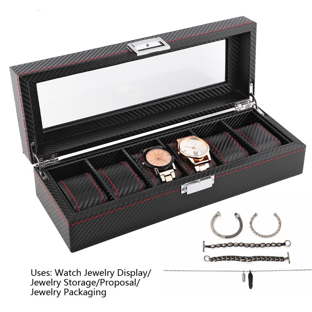 Sturdy Carbon Fiber Watch Box Transparent Window Red Line Watch Storage Luxury 6 Slots Watch Case Jewelry Organize