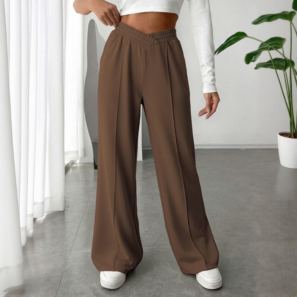 Women's Elastic V High Waist Wide Leg Pants Solid Color Casual Straight Long Trousers