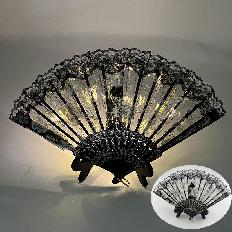 Rose Lace Edge LED Folding Fan - Wedding Gift & Dance Prop