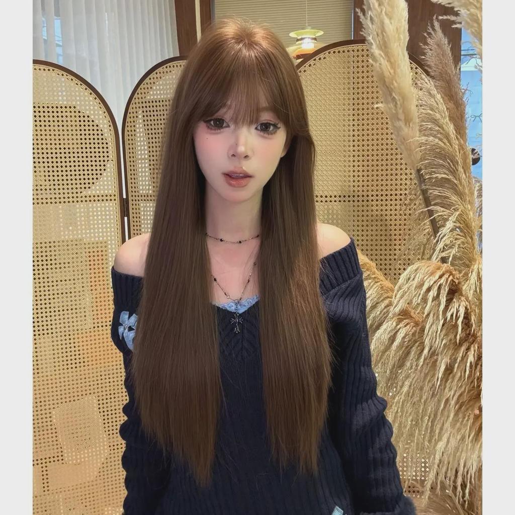 Yuan Yang Honey Tea Linen Long Straight Wig - Realistic, Fluffy, and Natural-Looking Bangs for Women.
