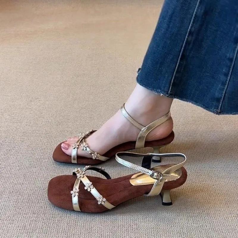 

Fashion Ladies Shoes 2025 Summer Open Toe Women s Sandals Dress Sandals Women Fashion Flower Dec Shoes Woman New Buckle Thin Heels 42 золотой