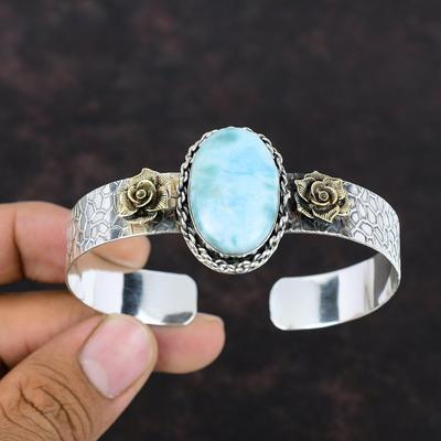 Bracciale Larimar Bracciale in argento sterling 925 Gioielli con pietre preziose reali Placcato in oro 18 carati Bracciale regolabile fatto a mano Regalo per lui Pietra curativa