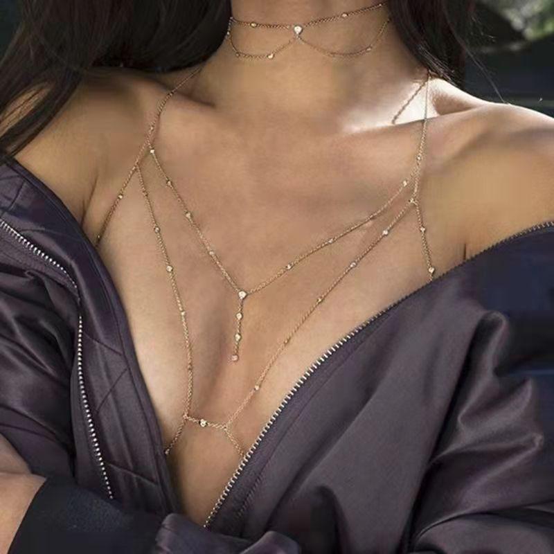 Shiny Zircon Tassel Sexy Beach Wedding Accessories Women Bra Crossover Bikini Inner Cutout Body Chain Thin Chest Chain For Girls