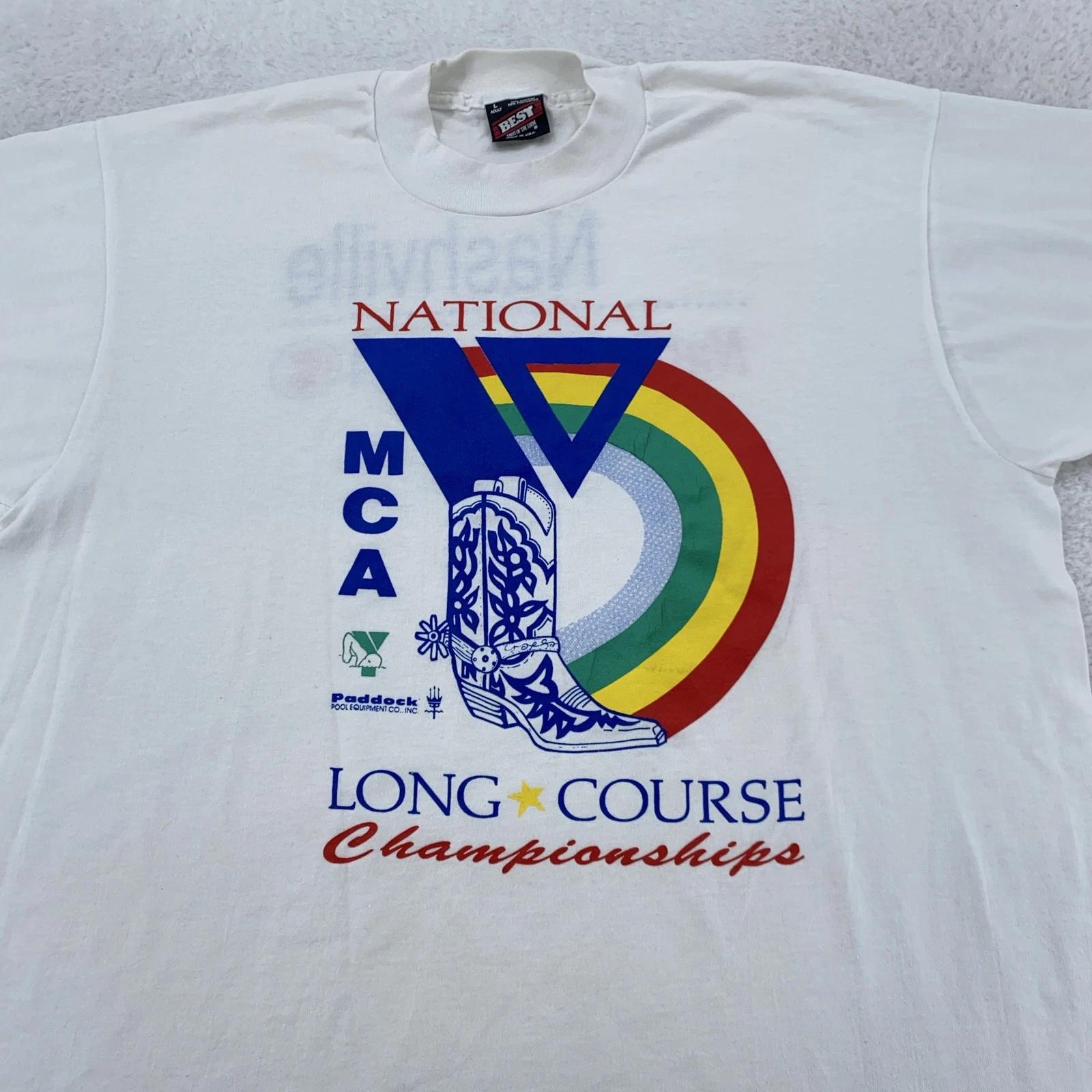 

Vintage YMCA National Championship T-Shirt Mens Large Swim Nashville Rainbow 90s XL