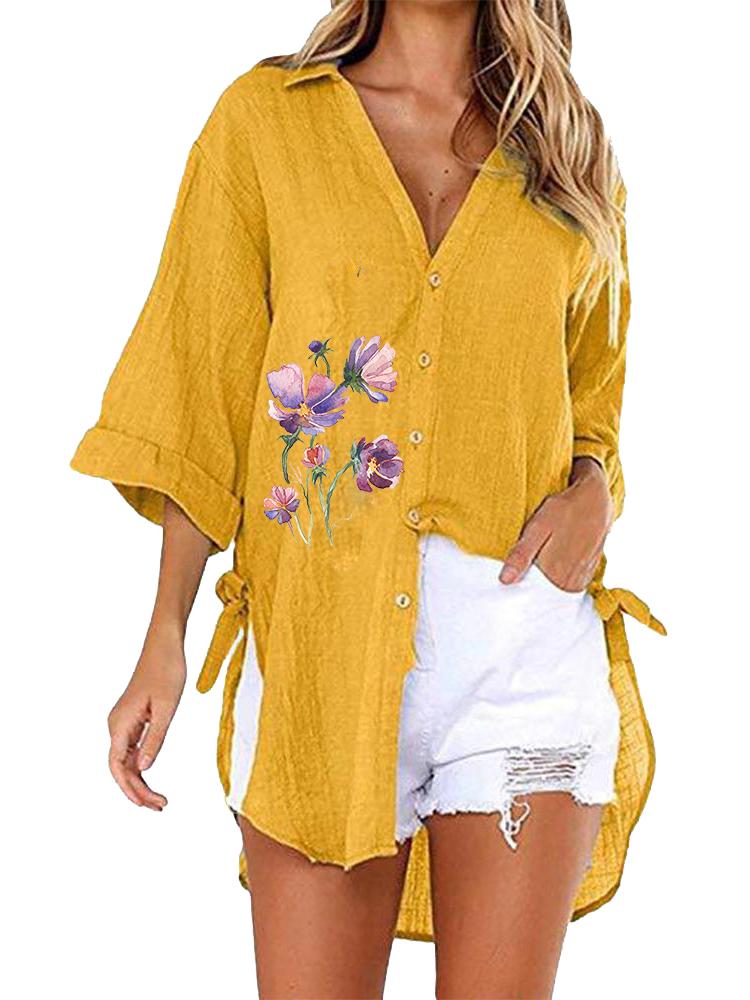 

Women Fashion Half Sleeve Blouse Casual Floral Print Top Ladies V Collar Loose Long T-shirt 5XL жёлтый
