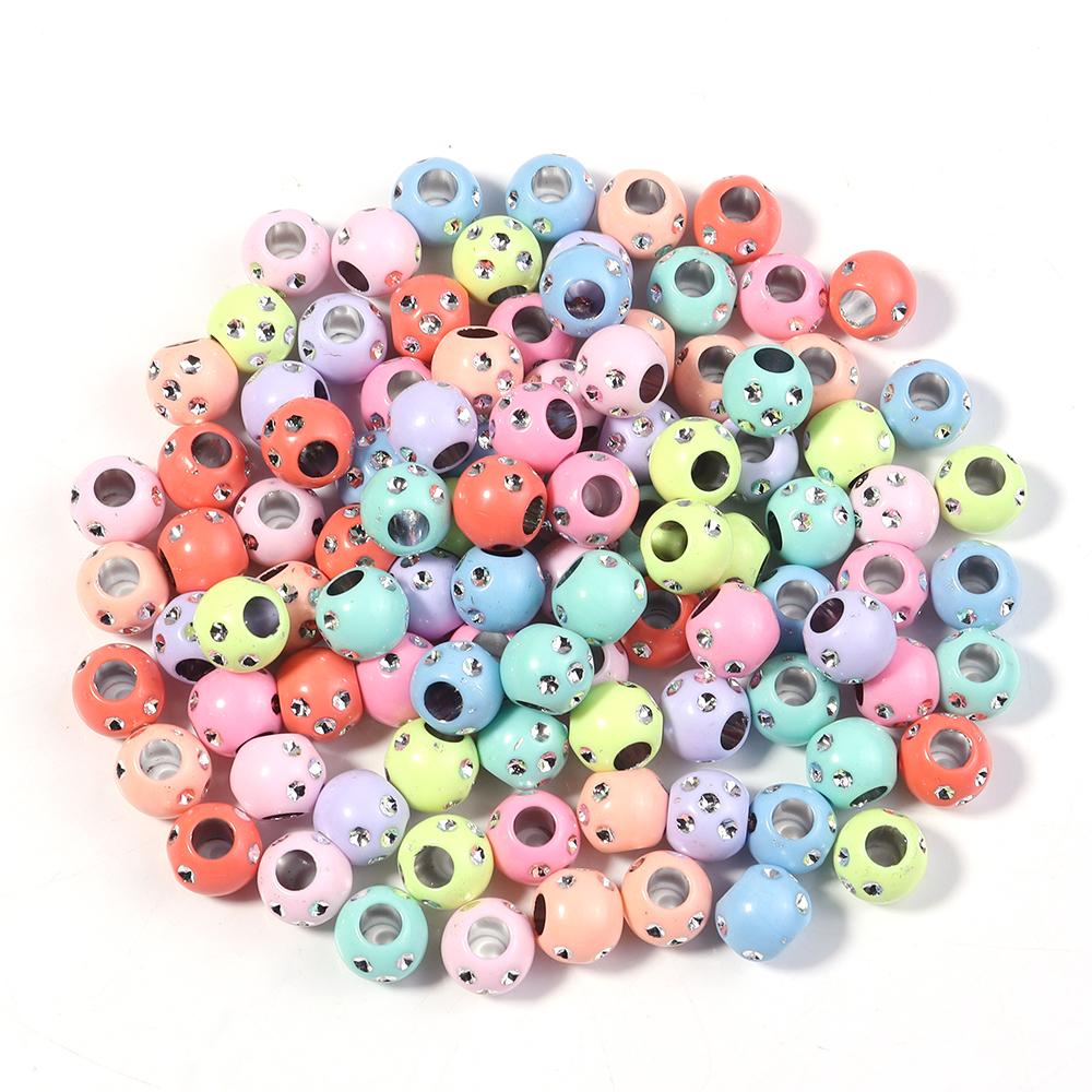 100pcs 9mm Rhinestone Acrylic Beads Shiny Mixed Color Big Hole Round Loose Beads For Jewelry Making DIY Bracelets Headwear Decor
