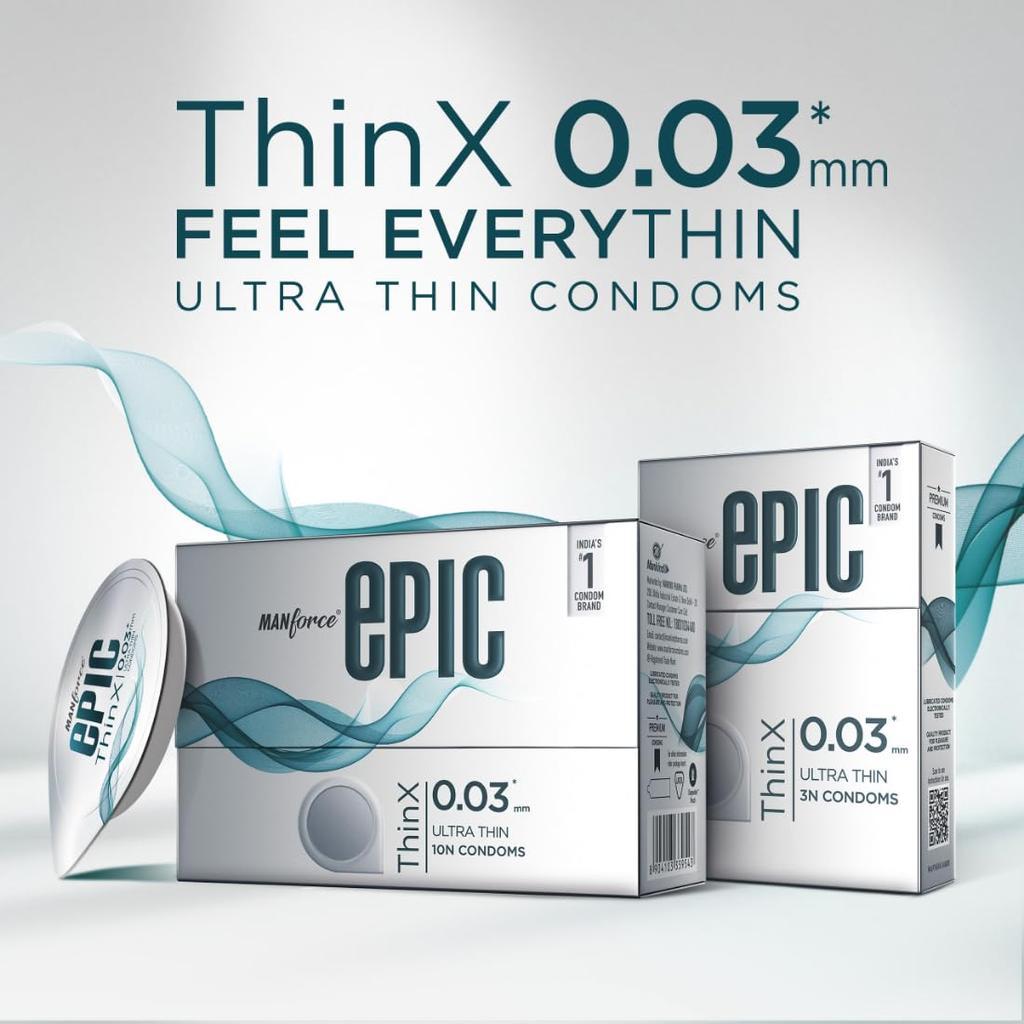 Manforce Epic Thinx Ultra Thin Condoms For Men pack of  3 X 3 Count 0.03mm Vegan Easy Peel Pack Disposable Pouch Safe