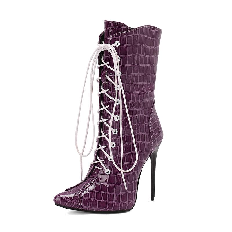 

Сексуальные ботильоны-стилетто Женские туфли на тонком высоком каблуке с тиснением под аллигатора из лакированной кожи на шнуровке с боковой молнией 2024 Осень Зима 44 фиолетовый