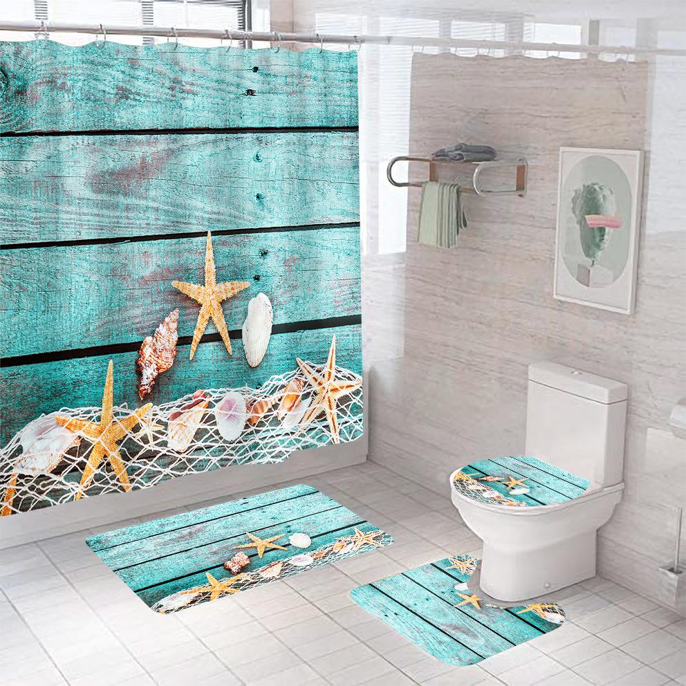 Bathroom Shower Curtain Four-piece Digital Printing Beach Shell Waterproof Shower Curtain Shower Curtain Partition Curtain Bath Mat