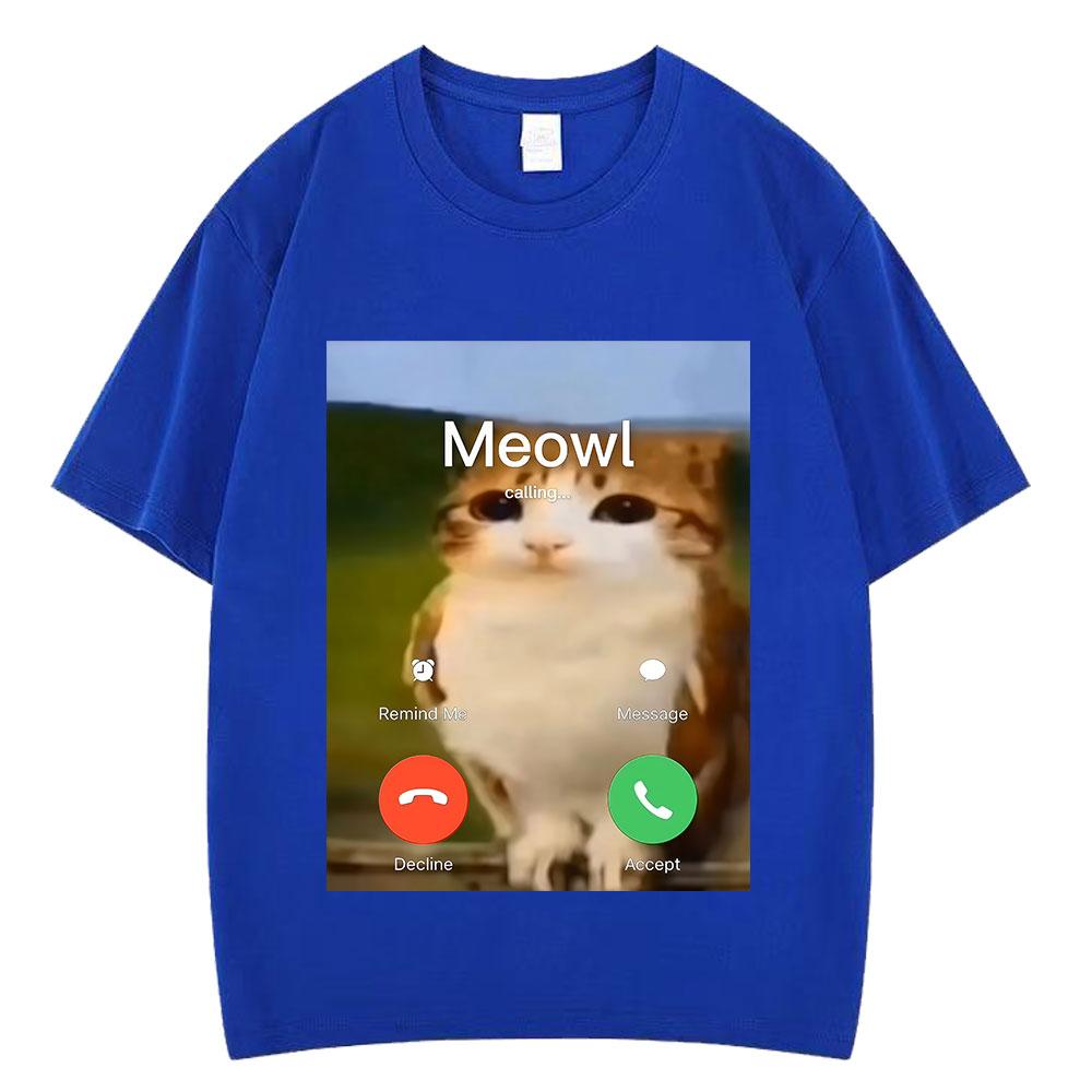 Meowl Is Calling Phone Call Meme Brainrot Funny Cat Owl Tshirts Unisexs Fashion Harajuku Short Sleeves Cotton Hiphop T Shirts
