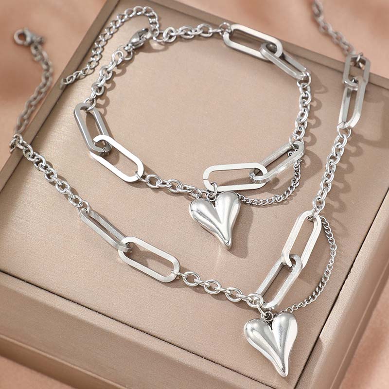 

Stainless Steel Gold Color Heart Pendant Necklace Bracelet Set For Women Fashion Metal Heart-Shaped Thick Chain Necklace Zircon мідний