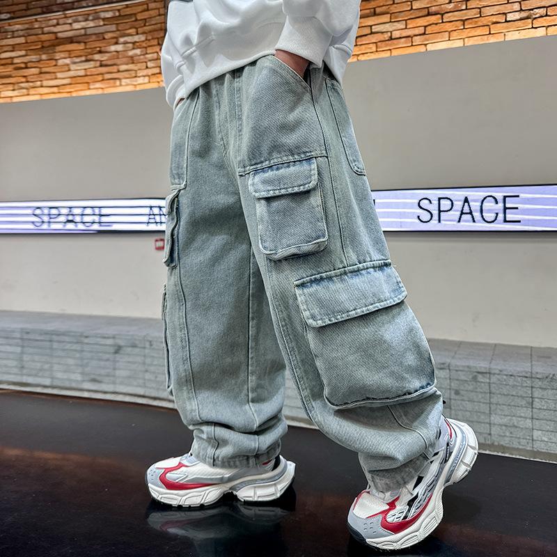 

Джинсовые комбинезоны для мальчиков весна и осень жареные уличные брюки осень 2024 новая детская одежда среднего и большого размера осенняя мода для мальчиков 170cm