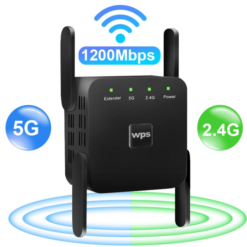 

2.4G/5G дводіапазонний Wi-Fi ретранслятор 1200Mbps Range Extender Wifi Signal Booster EU Plug чорний
