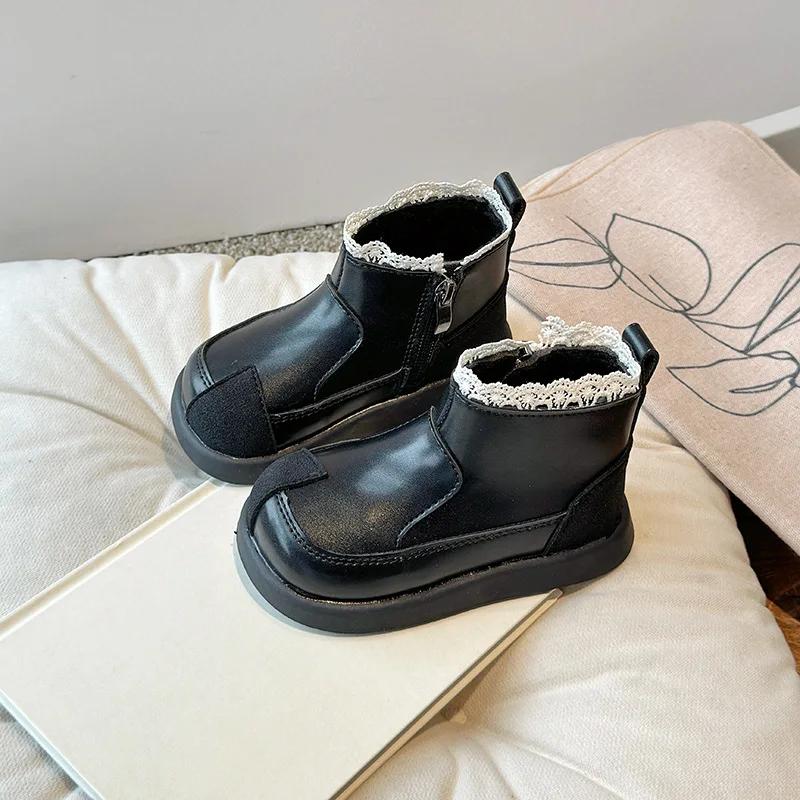 Kids Short Boots with Sweet Lace Girls Princess Boots with Cotton Non-slip 2024 Autumn Winter New Children Ankle Boots Elegant