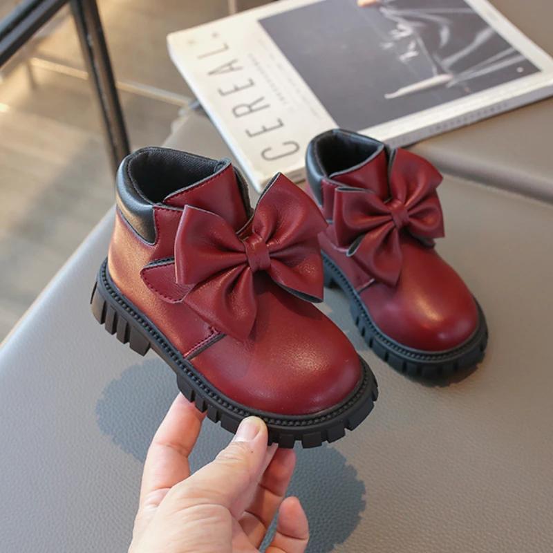 Multi Color Versatile Girls Boots with Flat Heel Low Cut Bow Anti Slip and Waterproof Winter Microfiber Leather Fashion Boots