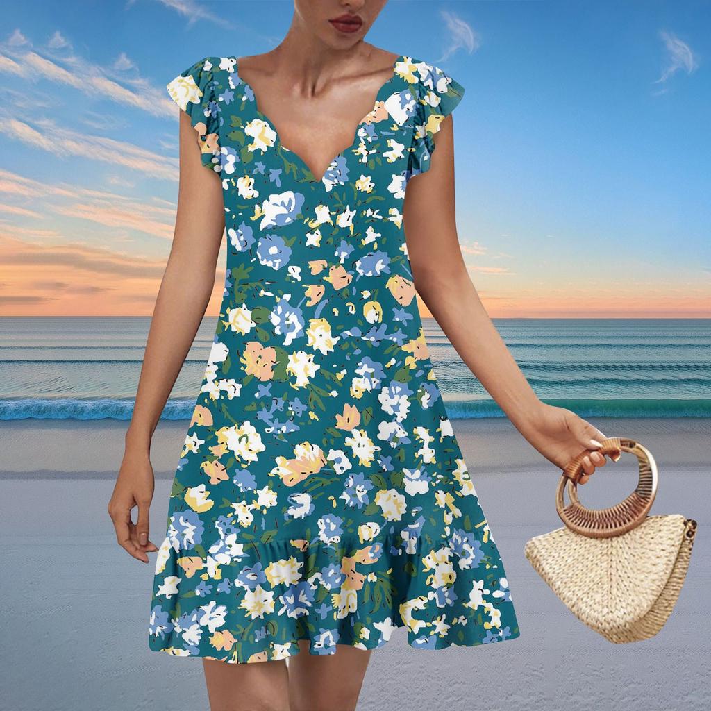 Damenmode Lässig V-Ausschnitt Wellenkante Blumendruck Kurzarmkleid