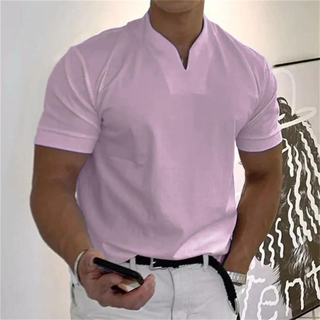 Men's Casual Solid Color V-Neck Gentleman's Business Short Sleeve Fitness T-Shirt